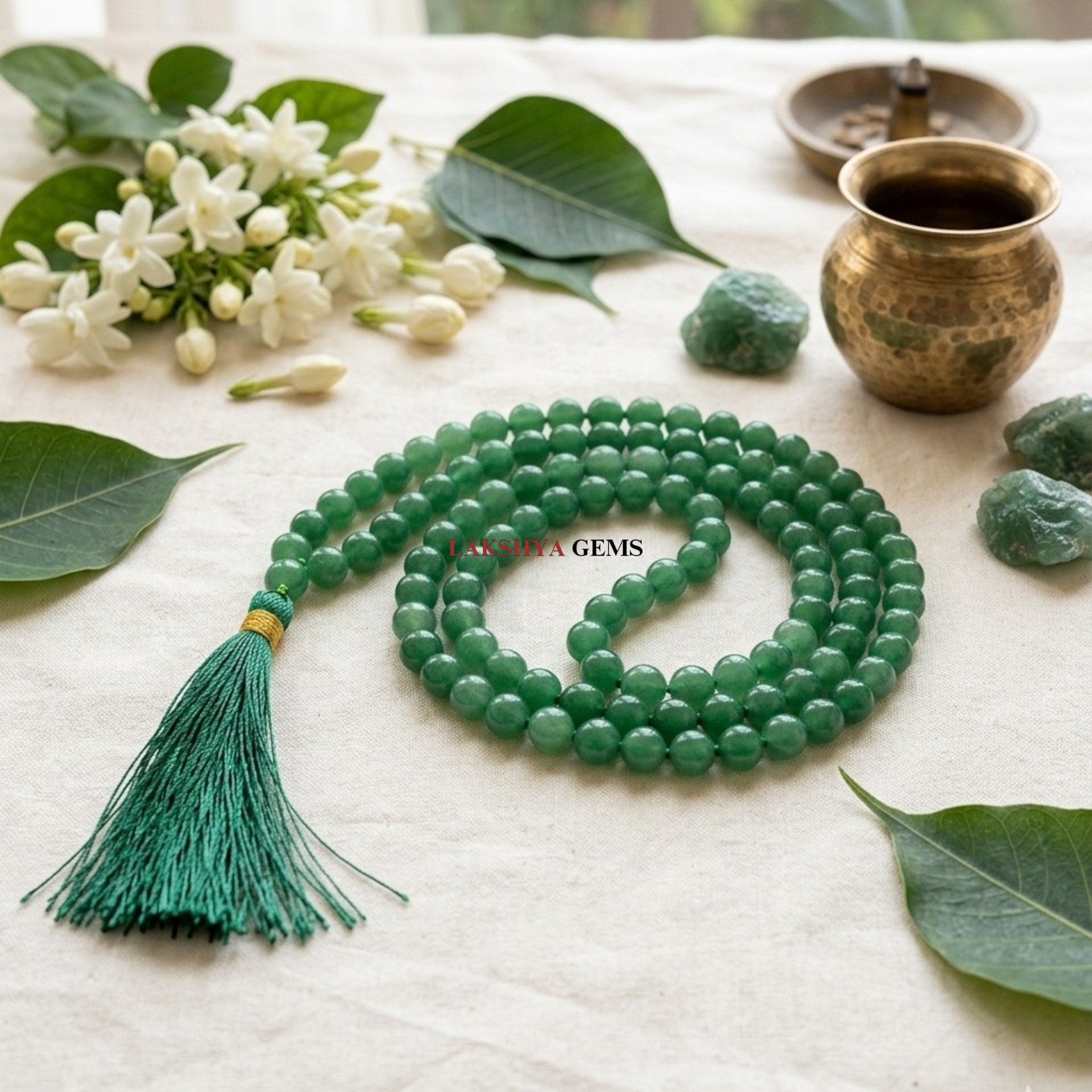 Natural Green Aventurine Jaap Mala with 108 beads and a decorative green tassel for meditation from lakshya gems