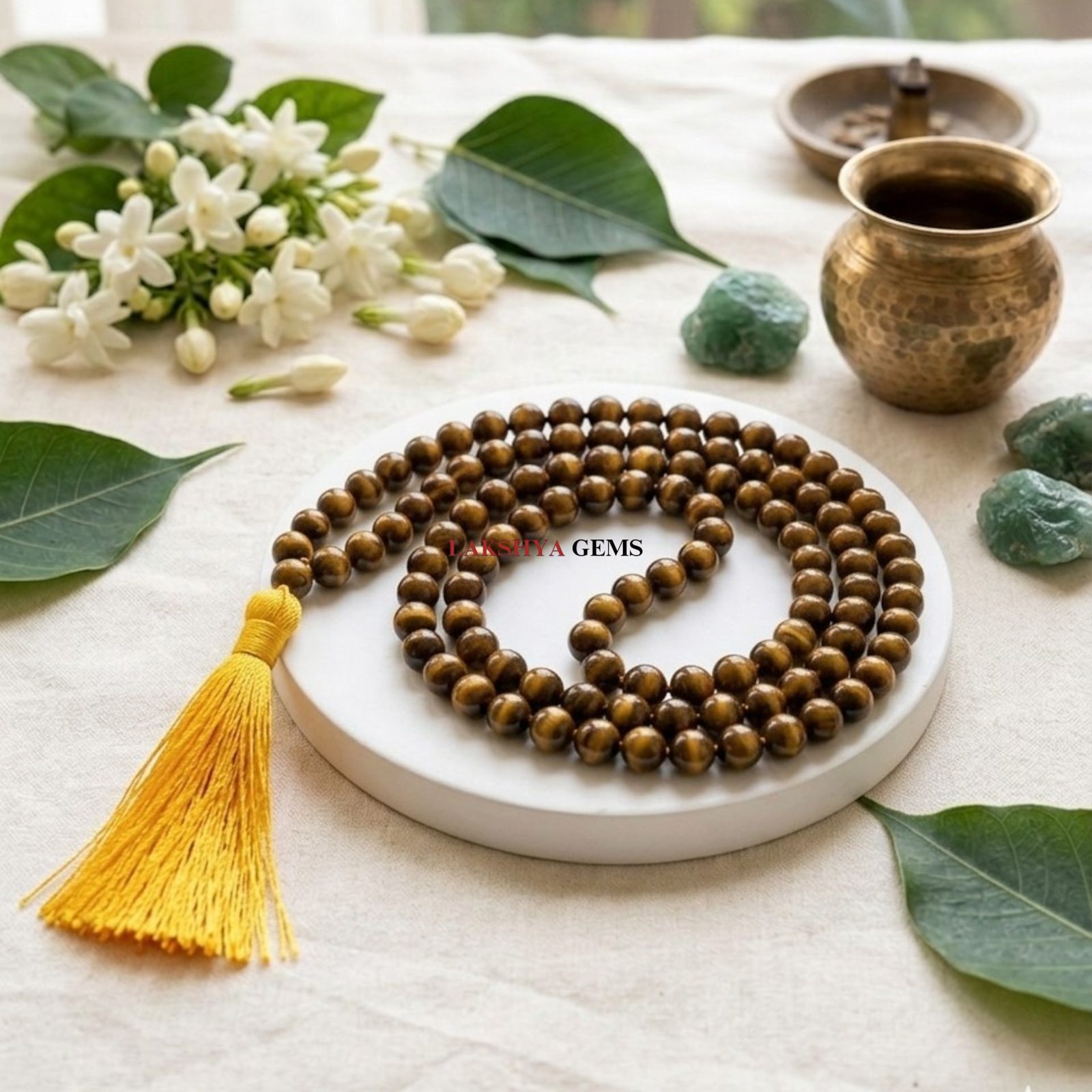 Natural Tiger Eye Jaap Mala with 108 golden-brown chatoyant beads and a traditional silk tassel.