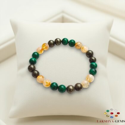 Premium Money Magnet bracelet featuring pale-gold natural non-heated Citrine, green banded Malachite, and metallic Pyrite beads - lakshya gems