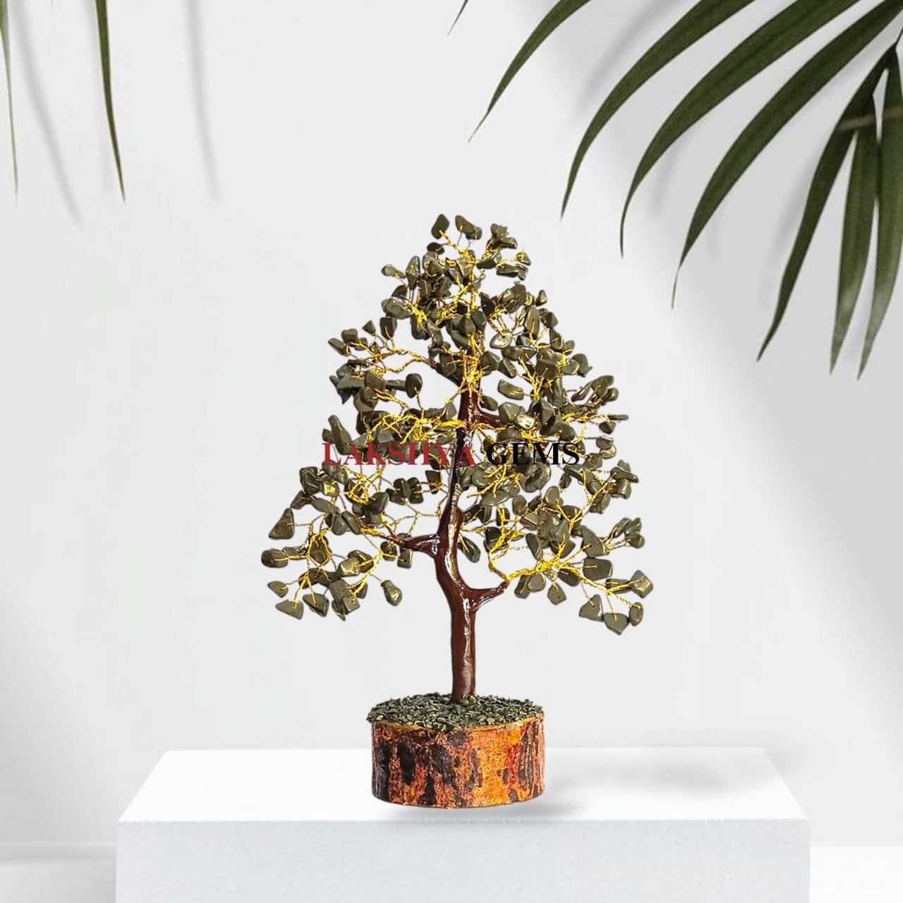 Pyrite gemstone tree featuring 300 metallic gold chips on a flexible wire trunk for wealth.