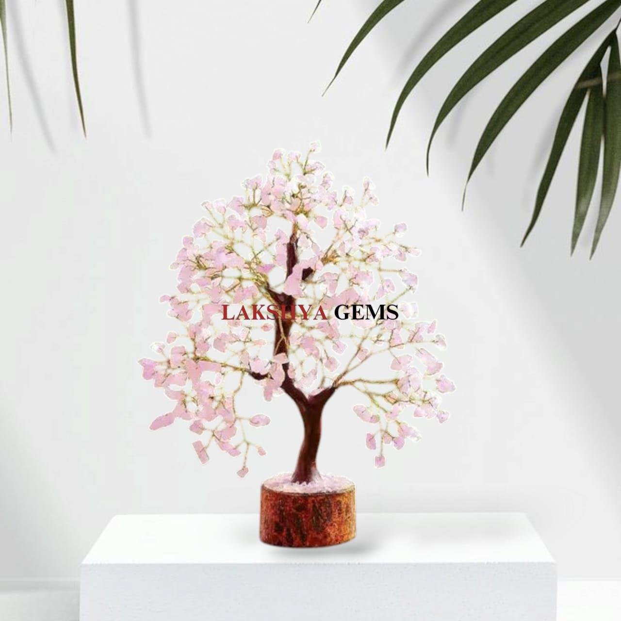 Rose Quartz gemstone tree featuring 300 polished pink chips on a flexible wire trunk for love from lakshya gems mumbai