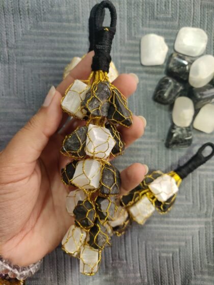 Black Tourmaline and Selenite crystal hanger for home protection and energy clearing.