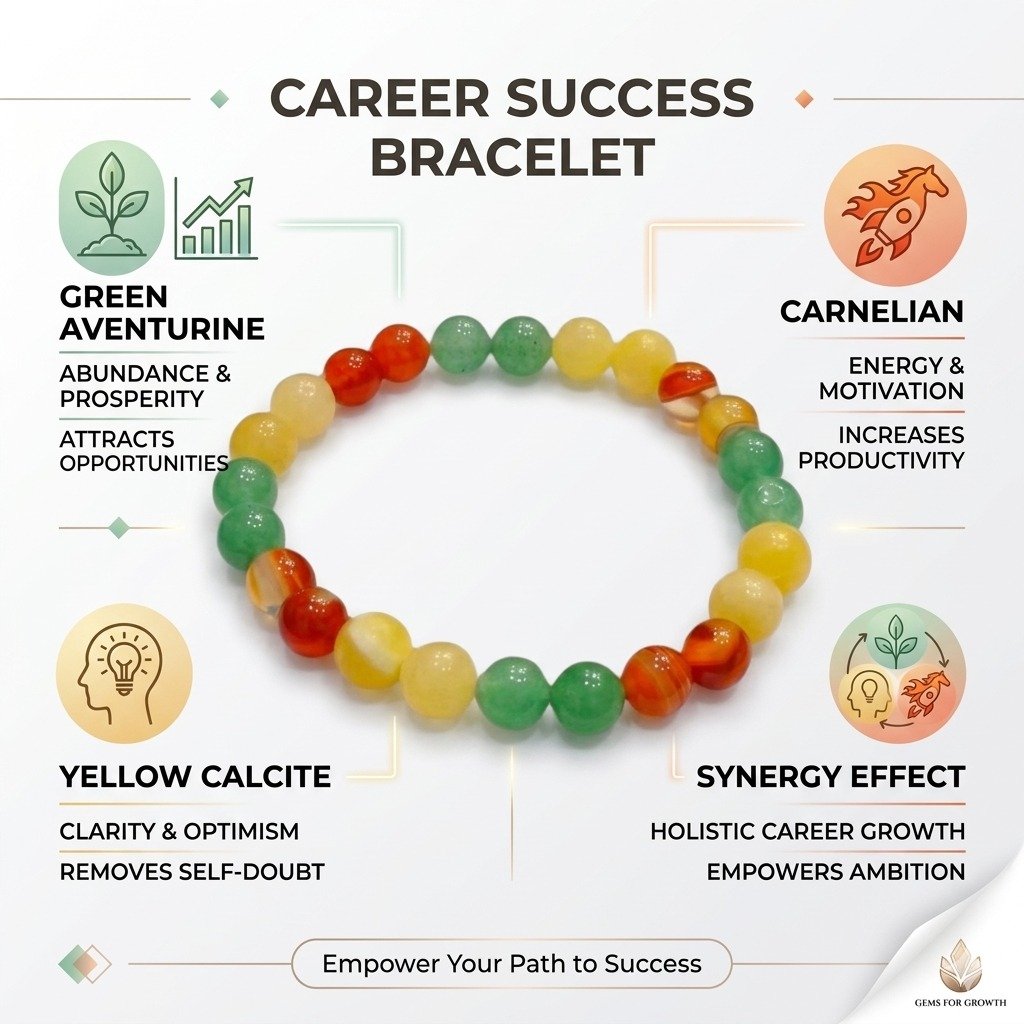 Career Success bracelet featuring sunny Yellow Calcite, forest Green Aventurine, and vibrant orange Carnelian beads from Lakshya Gems