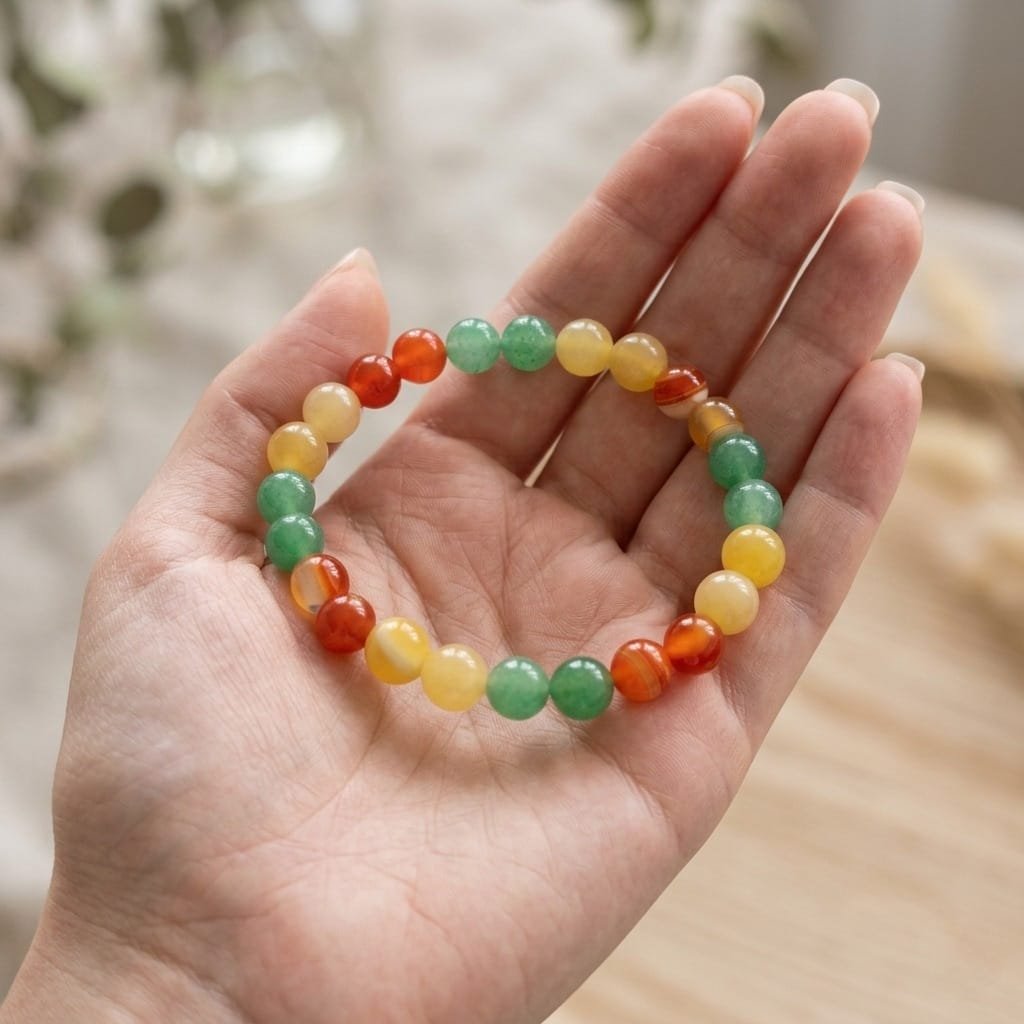 Career Success bracelet featuring sunny Yellow Calcite, forest Green Aventurine, and vibrant orange Carnelian beads from Lakshya Gems