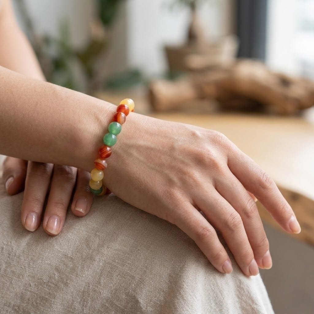 Career Success bracelet featuring sunny Yellow Calcite, forest Green Aventurine, and vibrant orange Carnelian beads from Lakshya Gems