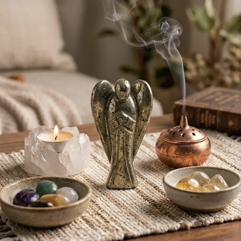 pyrite angel angled view golden crystal Lakshya Gems prosperity stone