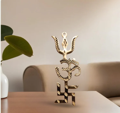 Polished Brass Trishakti Yantra featuring Om, Swastik, and Trishul symbols for Vastu protection from lakshya gems mumbai