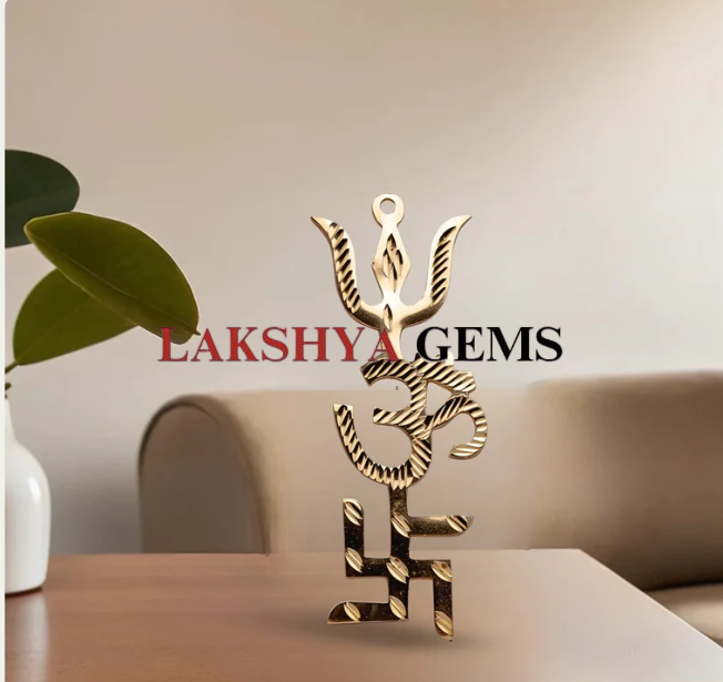 Polished Brass Trishakti Yantra featuring Om, Swastik, and Trishul symbols for Vastu protection from lakshya gems mumbai