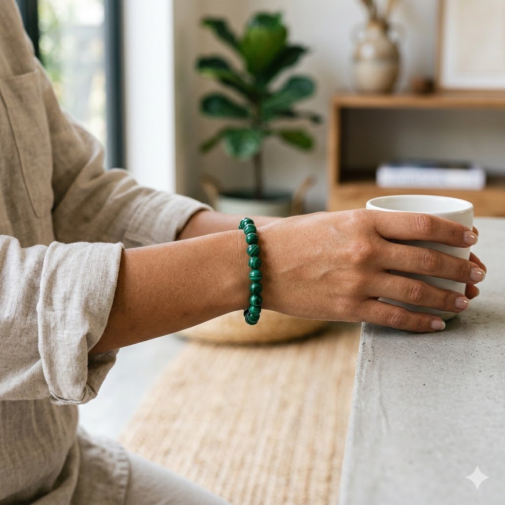 Natural Malachite beaded bracelet with vibrant green swirling patterns and high-gloss finish.