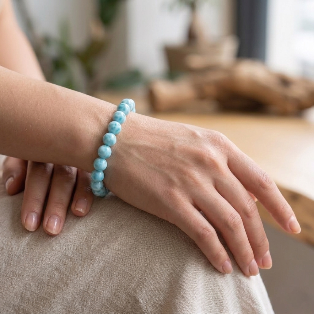 Rare natural Larimar beaded bracelet featuring soft sky-blue colors and white volcanic marbling lalshya gems