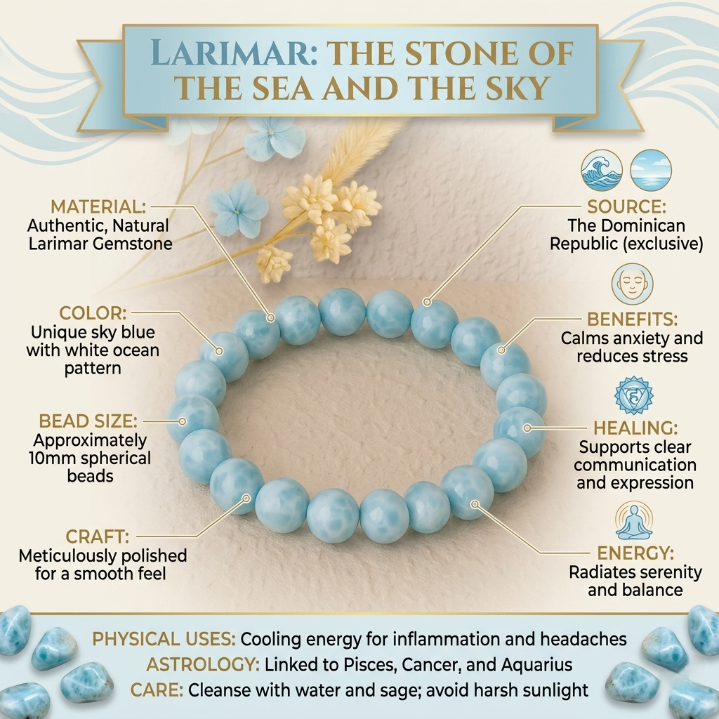 Rare natural Larimar beaded bracelet featuring soft sky-blue colors and white volcanic marbling lakshya gems