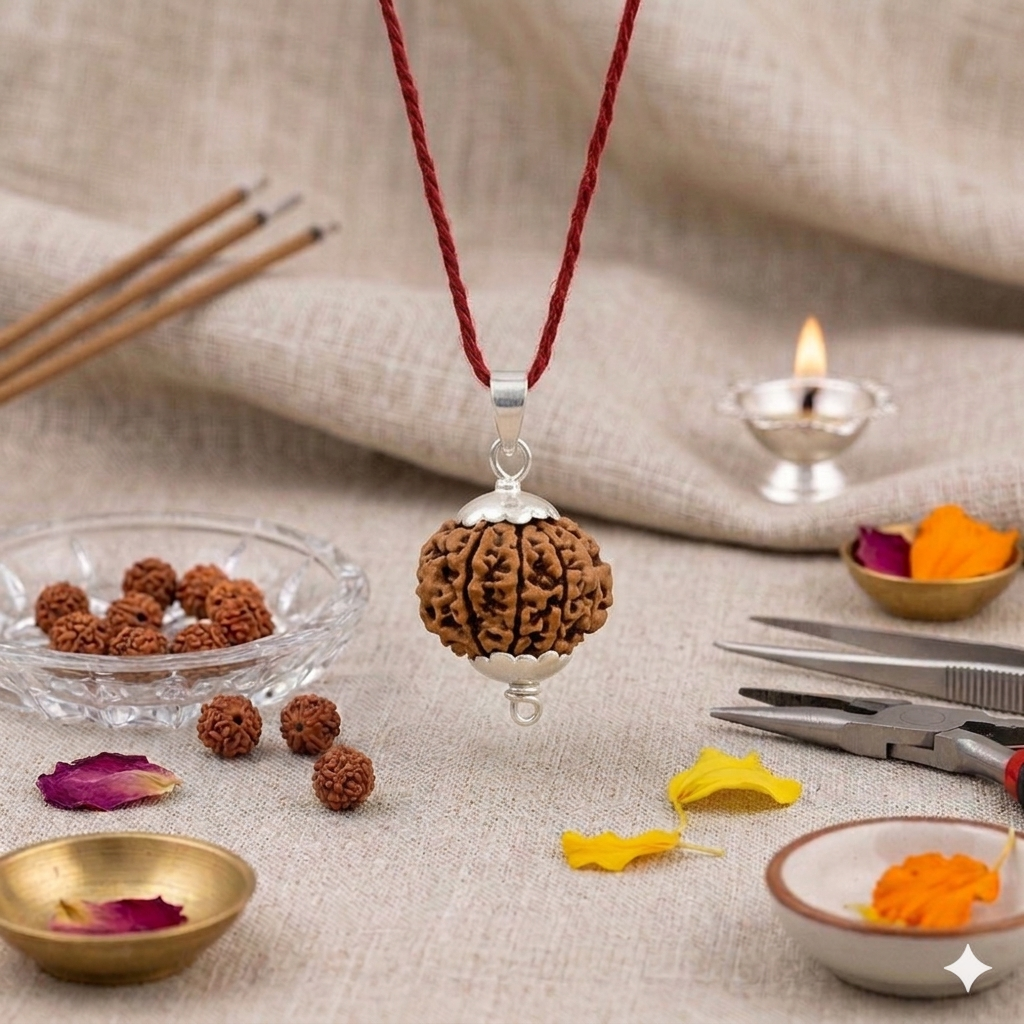 Authentic 9 Mukhi Nepali Rudraksha bead with nine distinct, deep natural grooves and a dark brown texture from lakshya gems mumbai