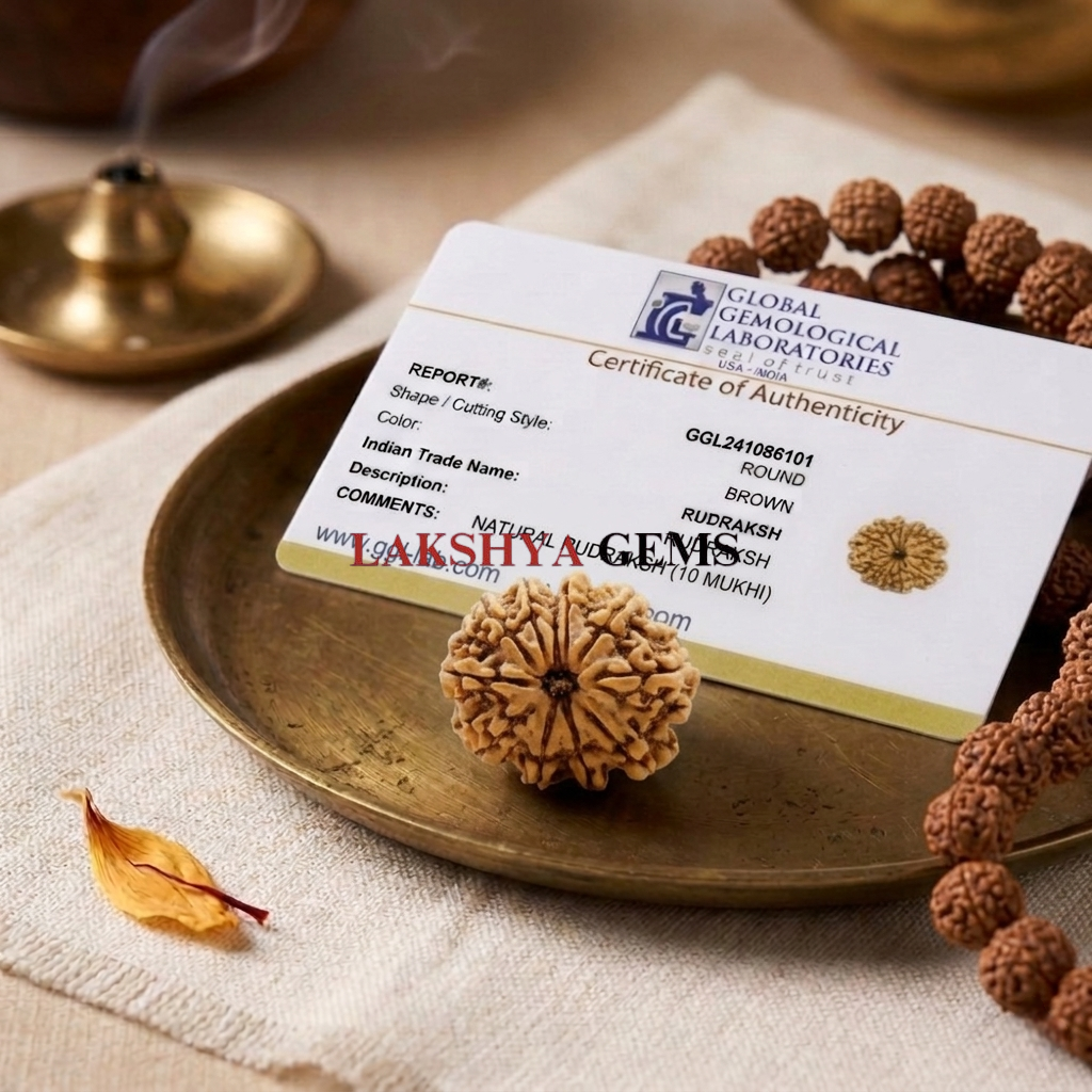 Authentic 10 Mukhi Nepali Rudraksha bead with ten distinct natural grooves and a high-quality polished finish