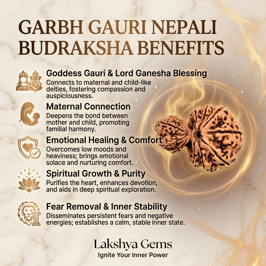 Authentic Garbh Gauri Rudraksha bead showing two naturally joined seeds with one part smaller than the other from Lakshya Gems mumbai