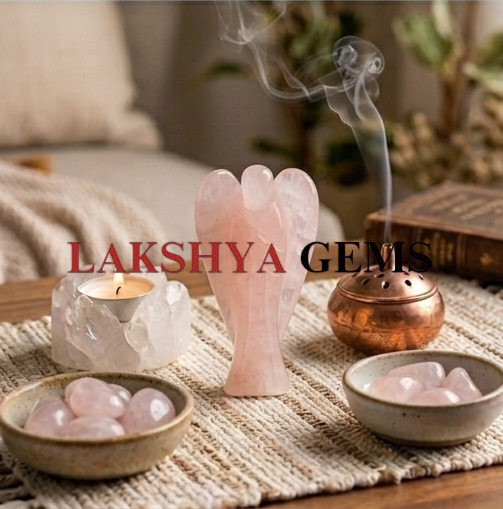 Rose quartz crystal angel from lakshya gems Mumbai A hand-carved natural Rose Quartz crystal angel featuring soft pink hues and a smooth polished finish.