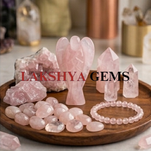 Rose quartz crystal angel from lakshya gems Mumbai A hand-carved natural Rose Quartz crystal angel featuring soft pink hues and a smooth polished finish.