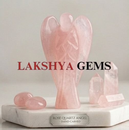 A hand-carved natural Rose Quartz crystal angel featuring soft pink hues and a smooth polished finish.