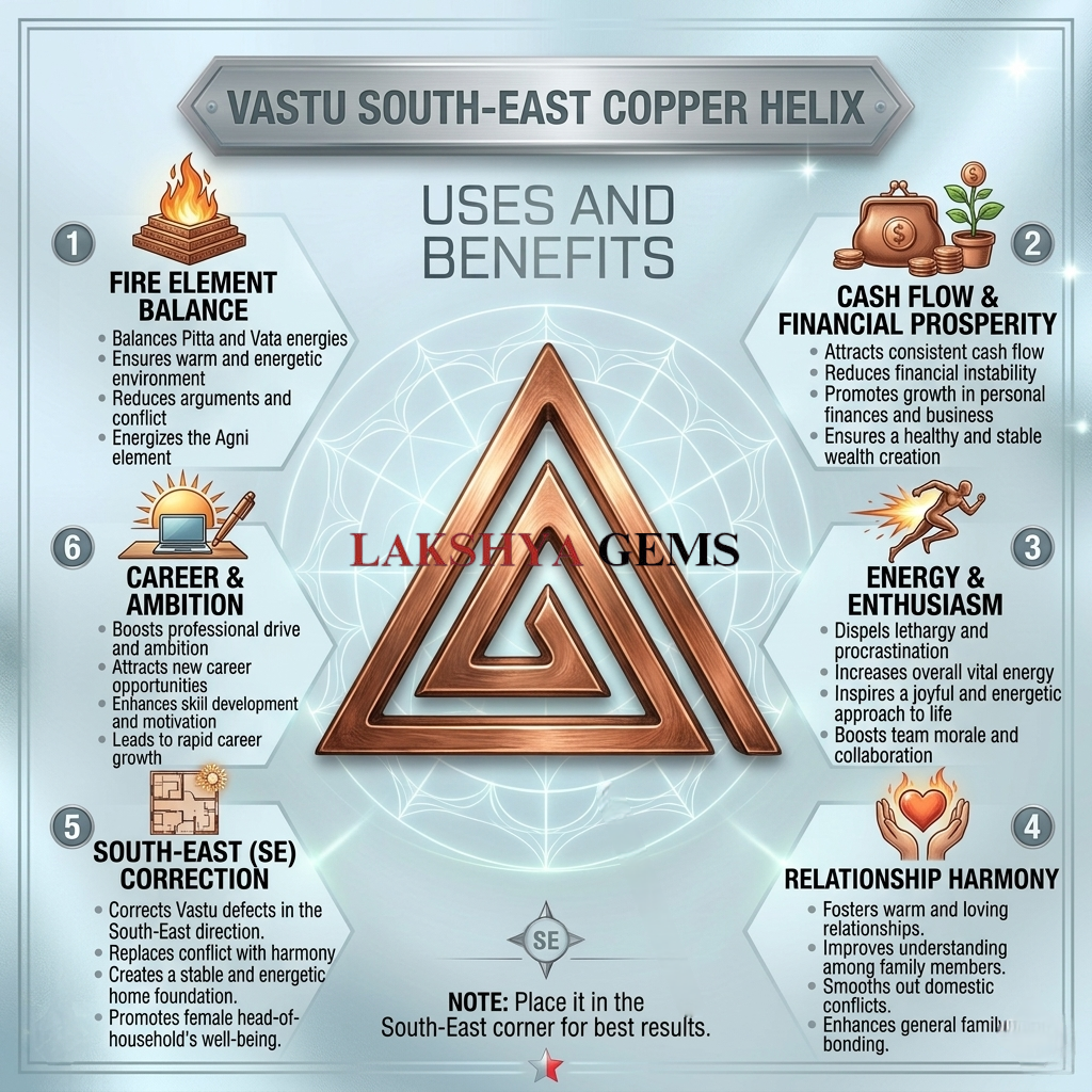 A premium pure copper helix for Vastu Shastra featuring a polished metallic spiral design for South-East corner correction.