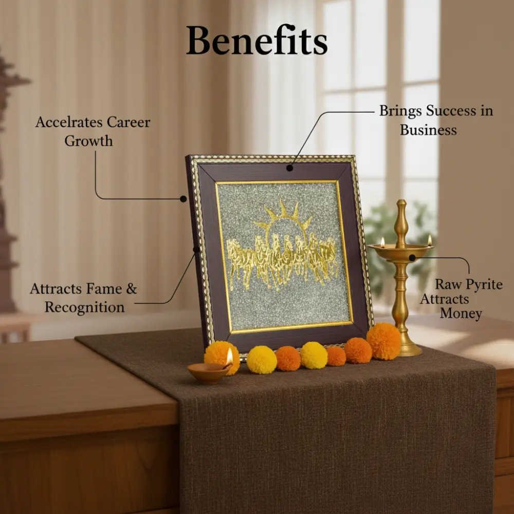 lakshya gems Vastu-compliant Seven Running Horse frame embellished with natural golden Pyrite clusters.