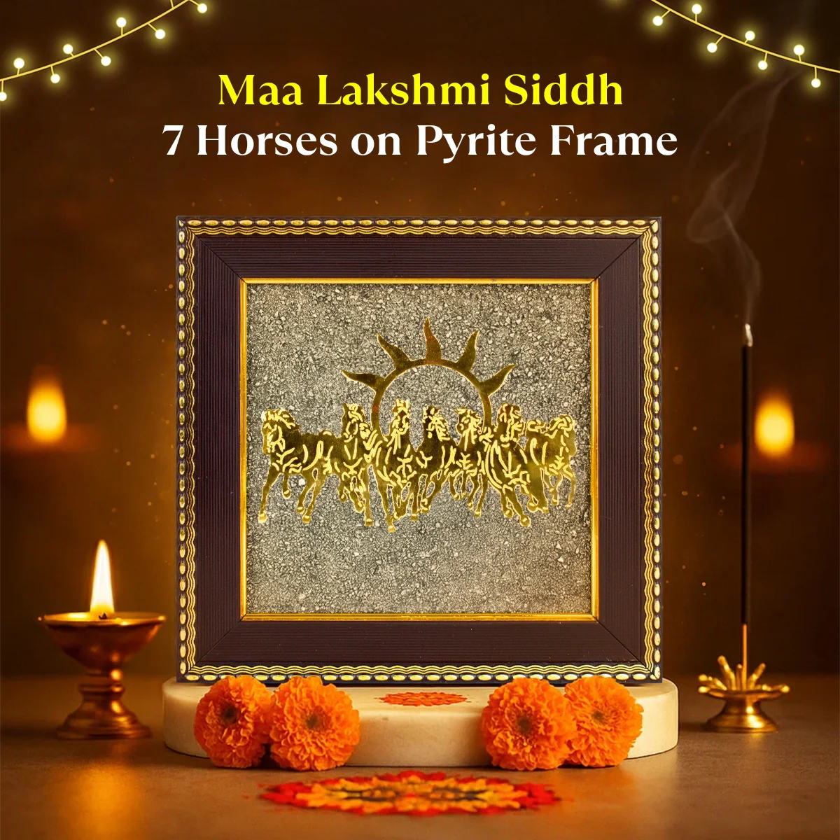 lakshya gems Vastu-compliant Seven Running Horse frame embellished with natural golden Pyrite clusters.