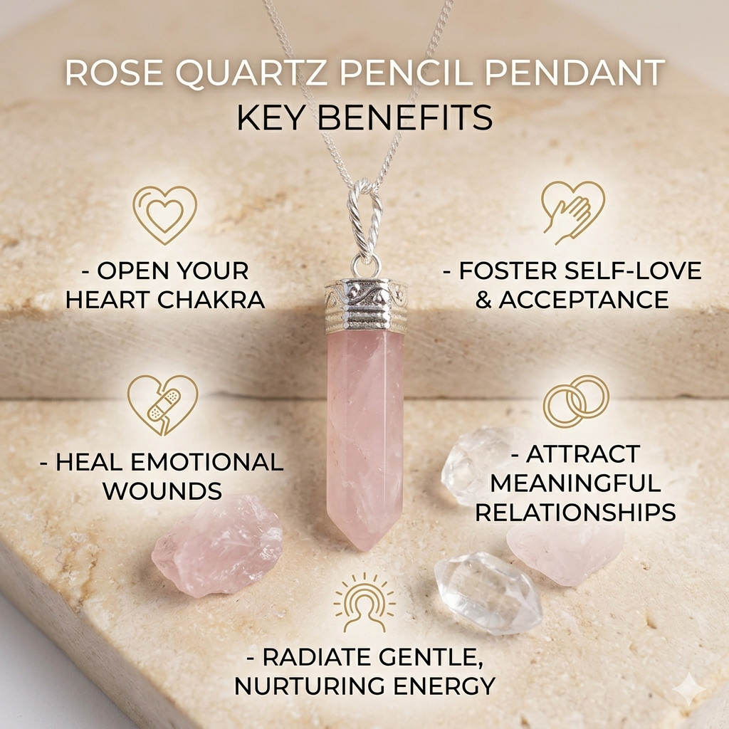 Natural Rose Quartz pencil pendant with soft pink translucent color and silver-toned bail. lakshya gems