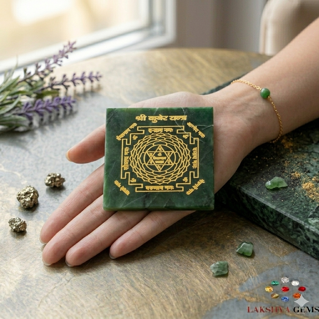 lakshya gems Authentic Green Jade Kuber Yantra plate for wealth and spirituality, hand-etched with gold filling.