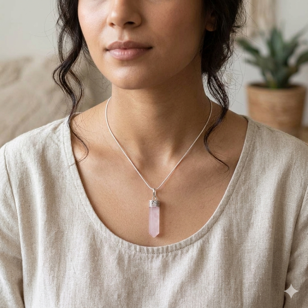 Natural Rose Quartz pencil pendant with soft pink translucent color and silver-toned bail. lakshya gems