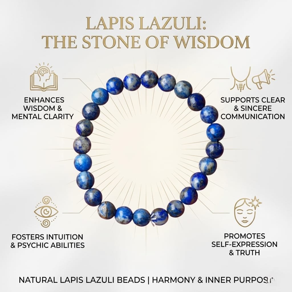 Deep blue natural Lapis Lazuli beaded bracelet featuring golden Pyrite flecks and a high-polish finish