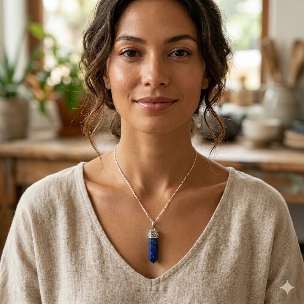 Natural Lapis Lazuli pencil pendant with deep blue color and golden pyrite inclusions.