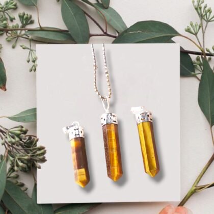 Natural Tiger’s Eye pencil pendant with golden chatoyant bands and silver-etched bail.