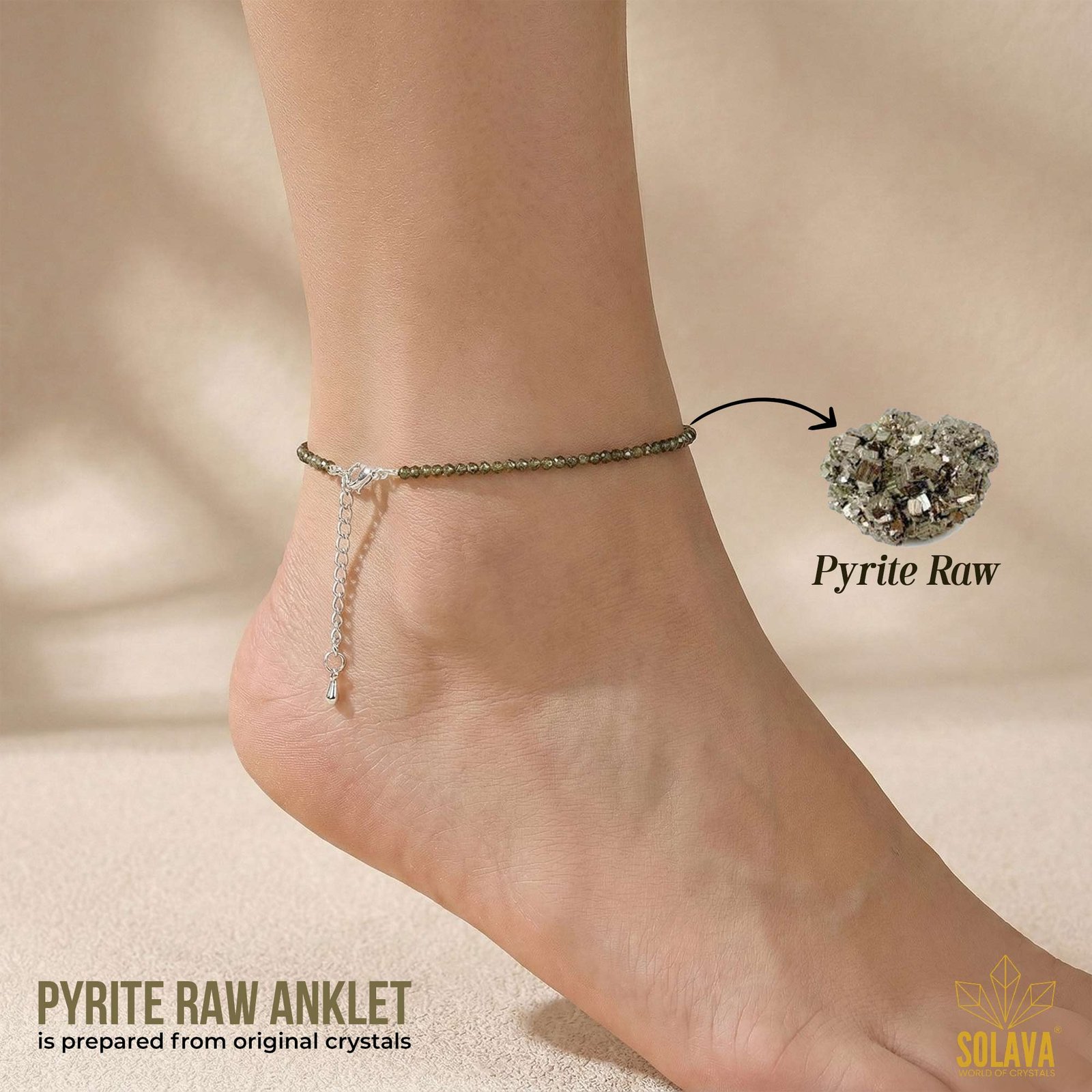 A woman wearing a Pyrite anklet while walking, symbolizing attracting wealth and success.