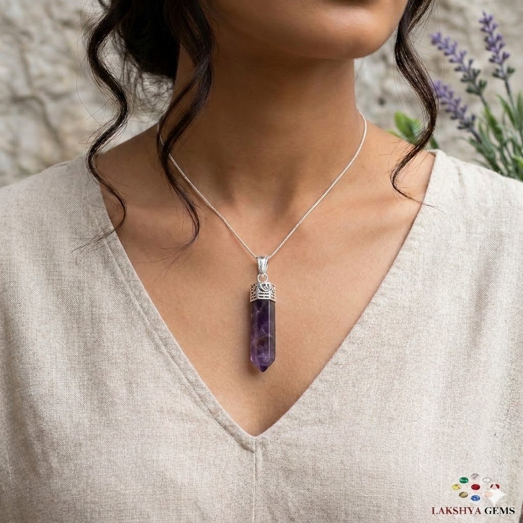 lakshya GemsGenuine Amethyst pencil pendant featuring deep purple hues and a decorative silver bail.