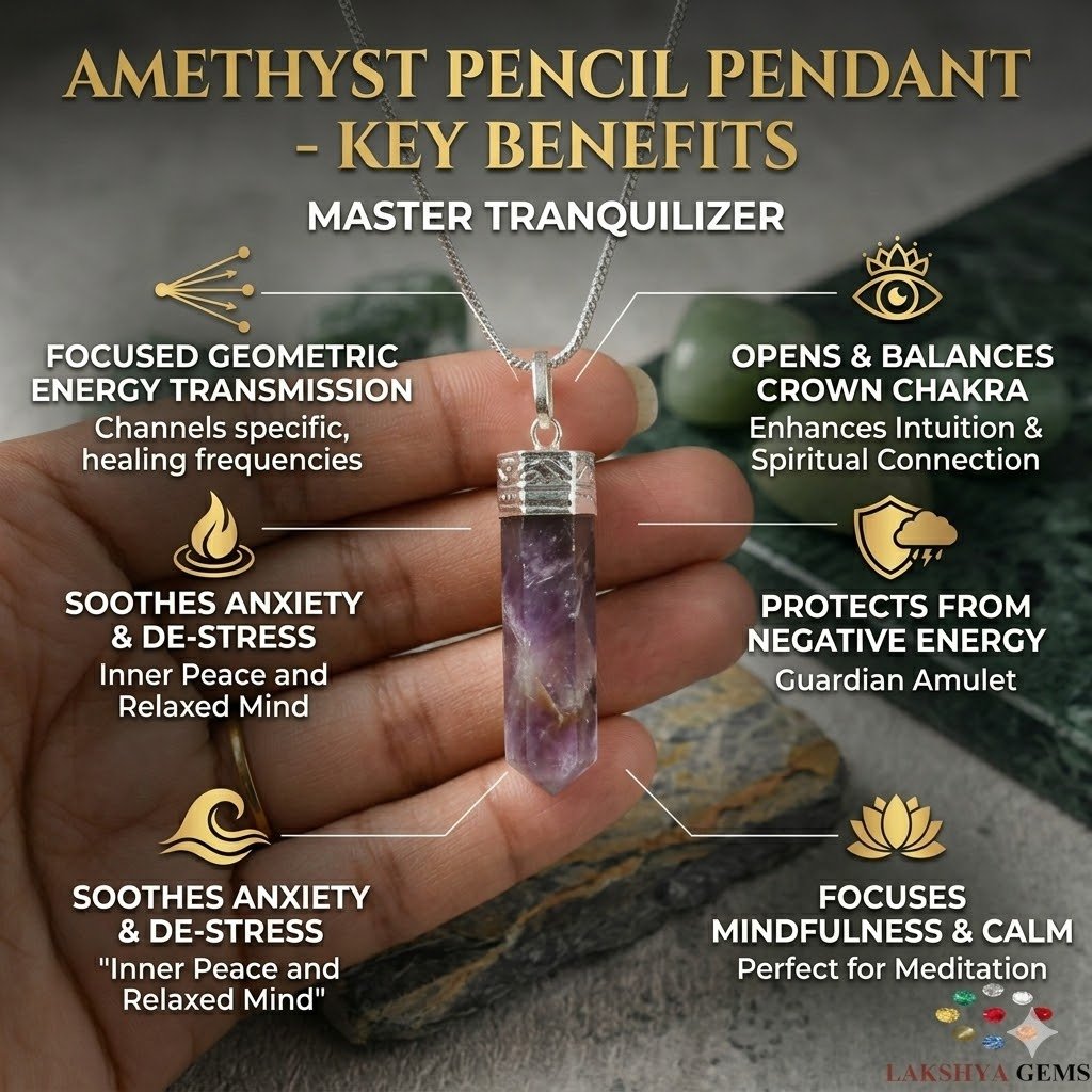 lakshya gems Genuine Amethyst pencil pendant featuring deep purple hues and a decorative silver bail.