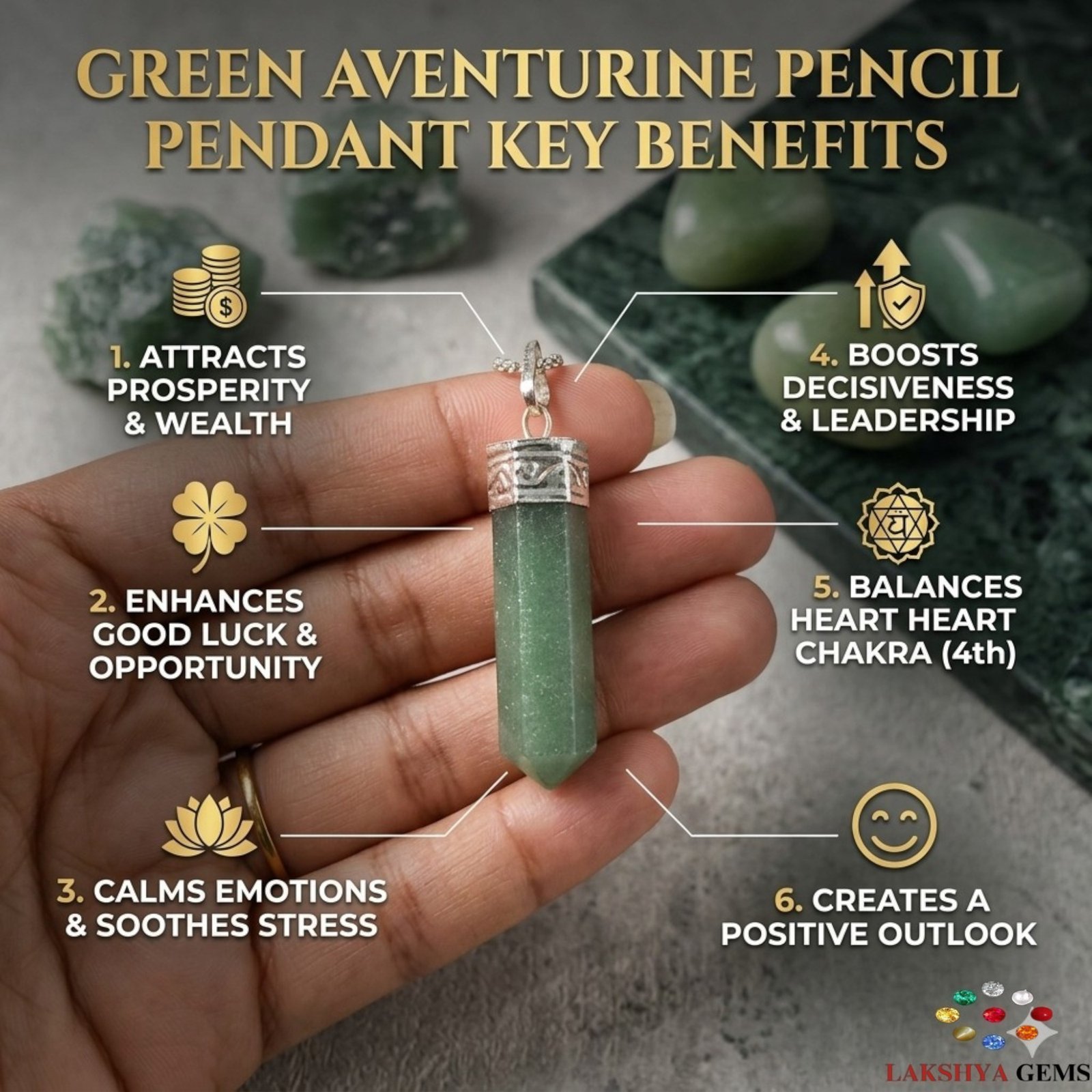 lakshya gems Natural Green Aventurine pencil pendant with a rich green shimmer and silver-toned bail.