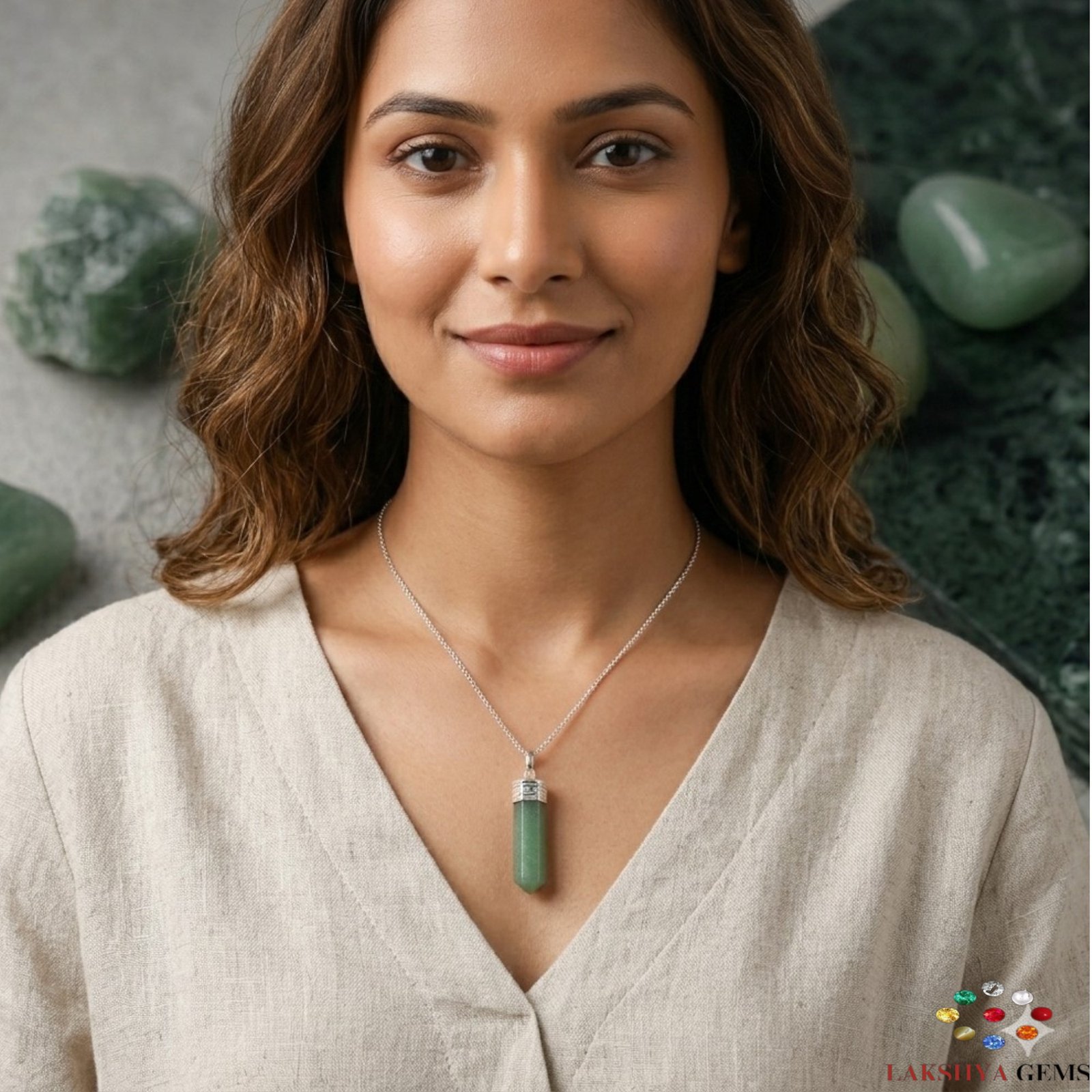 lakshya gems Natural Green Aventurine pencil pendant with a rich green shimmer and silver-toned bail.