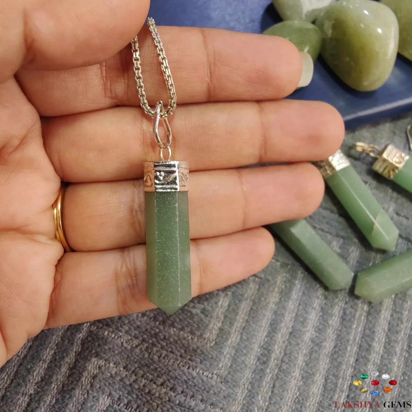lakshya gems Natural Green Aventurine pencil pendant with a rich green shimmer and silver-toned bail.