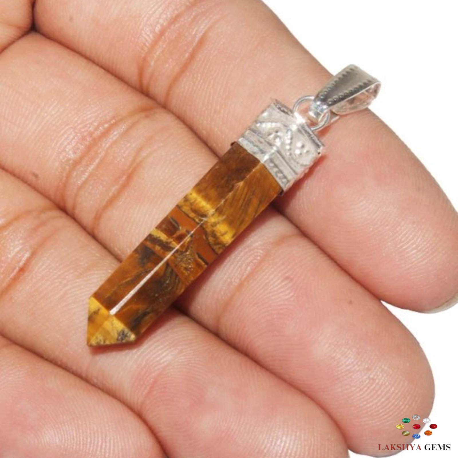 Natural Tiger’s Eye pencil pendant with golden chatoyant bands and silver-etched bail.