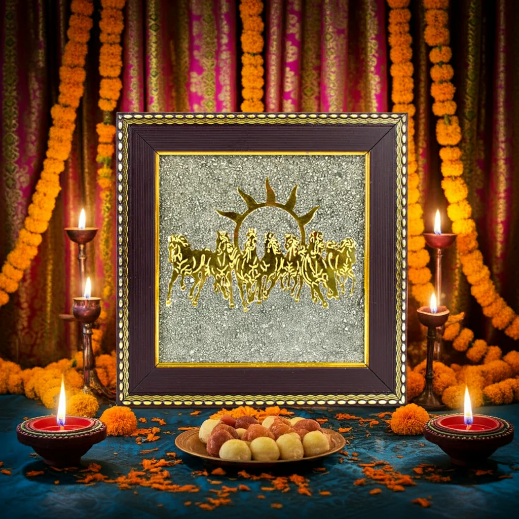 lakshya gems Vastu-compliant Seven Running Horse frame embellished with natural golden Pyrite clusters.