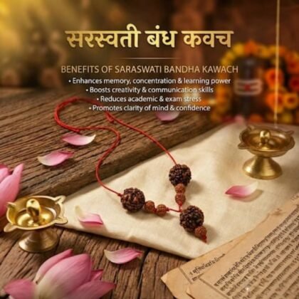 Saraswati Bandhan Kawach featuring two 4 Mukhi and one 6 Mukhi Nepali Rudraksha for education.