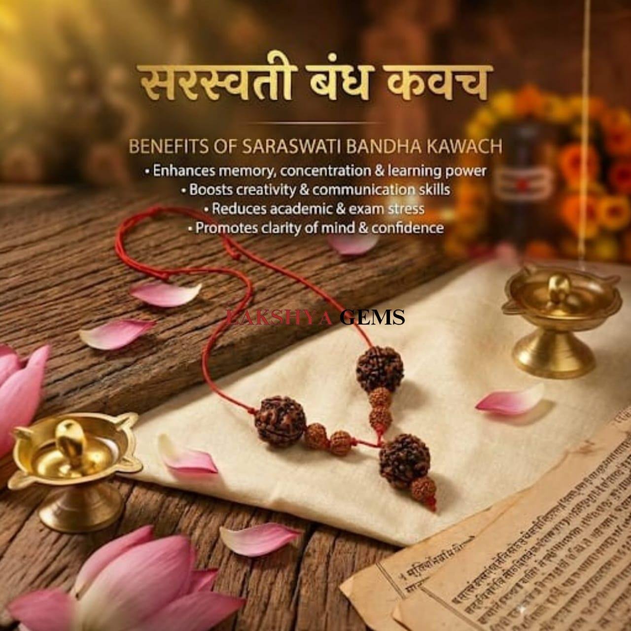 Saraswati Bandhan Kawach featuring two 4 Mukhi and one 6 Mukhi Nepali Rudraksha for education.