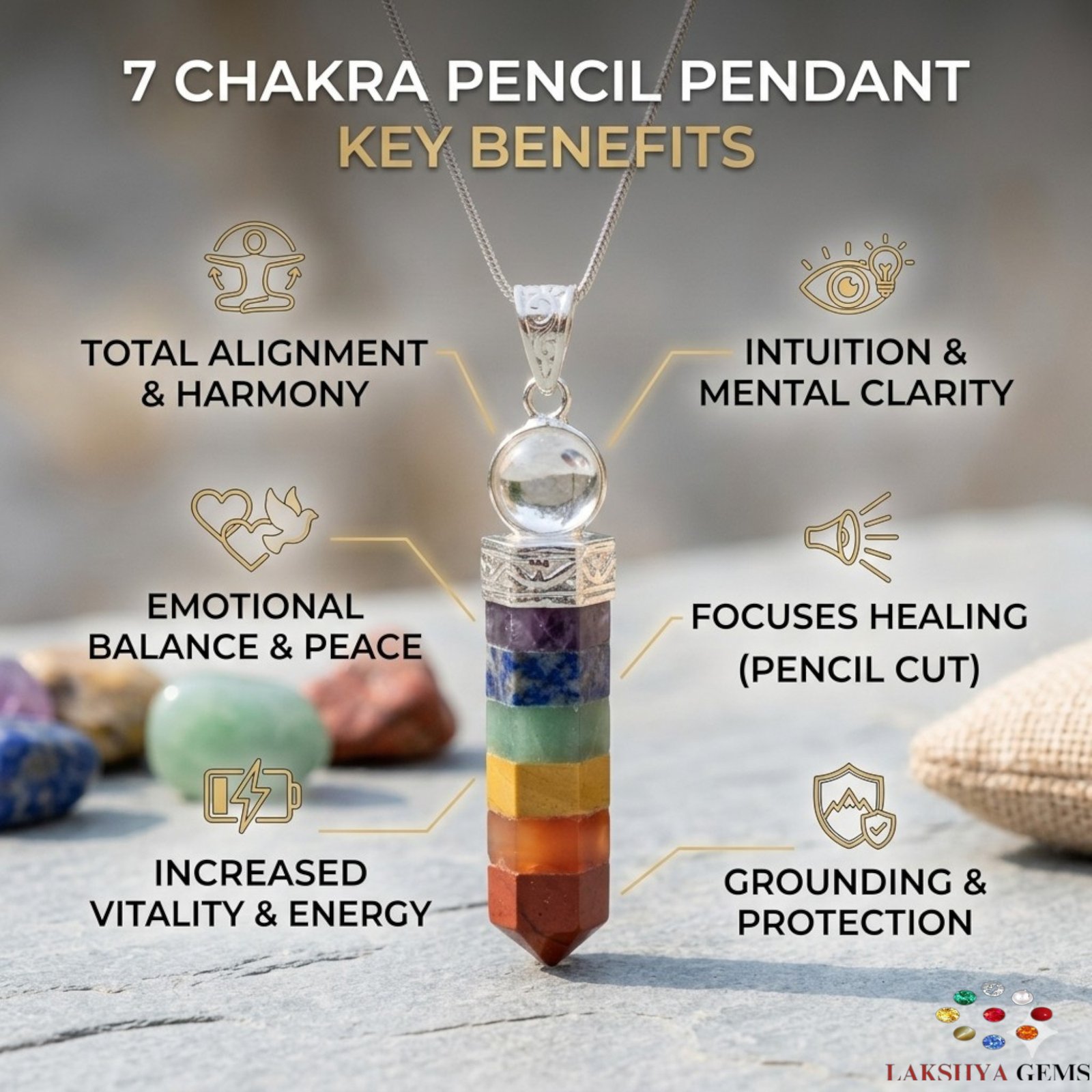 lakshya gems Natural Seven Chakra pencil pendant featuring seven layers of colorful healing gemstones.