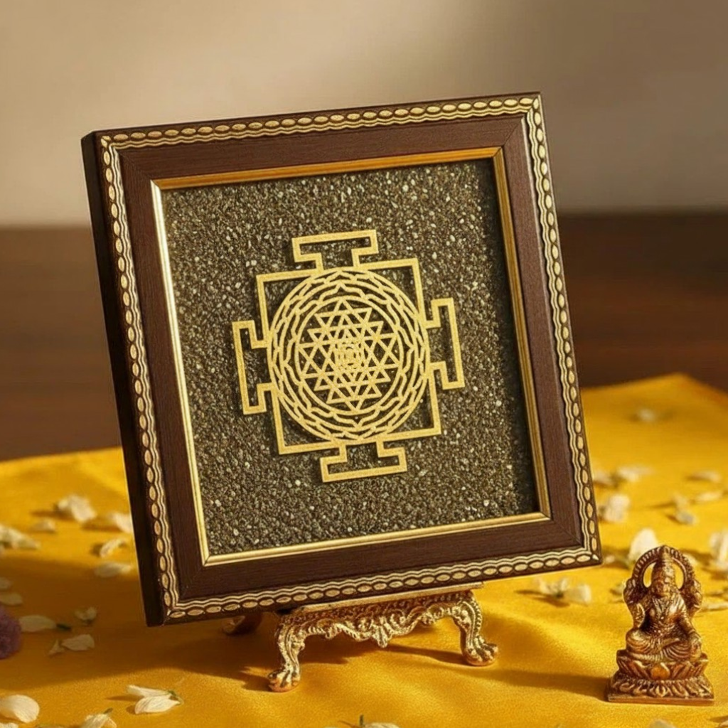 lakshya gems Sacred Pyrite Shree Yantra frame with shimmering golden crystal clusters for wealth and luck.