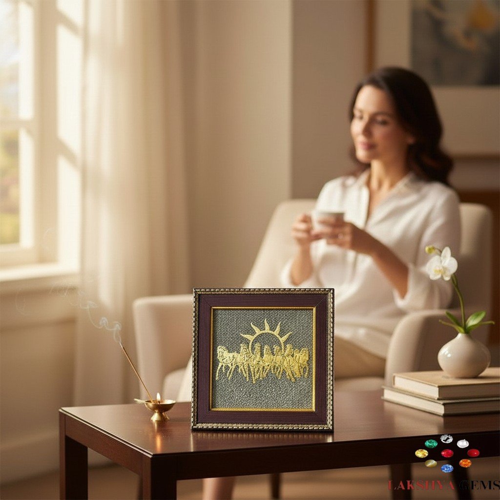 lakshya gems Vastu-compliant Seven Running Horse frame embellished with natural golden Pyrite clusters.