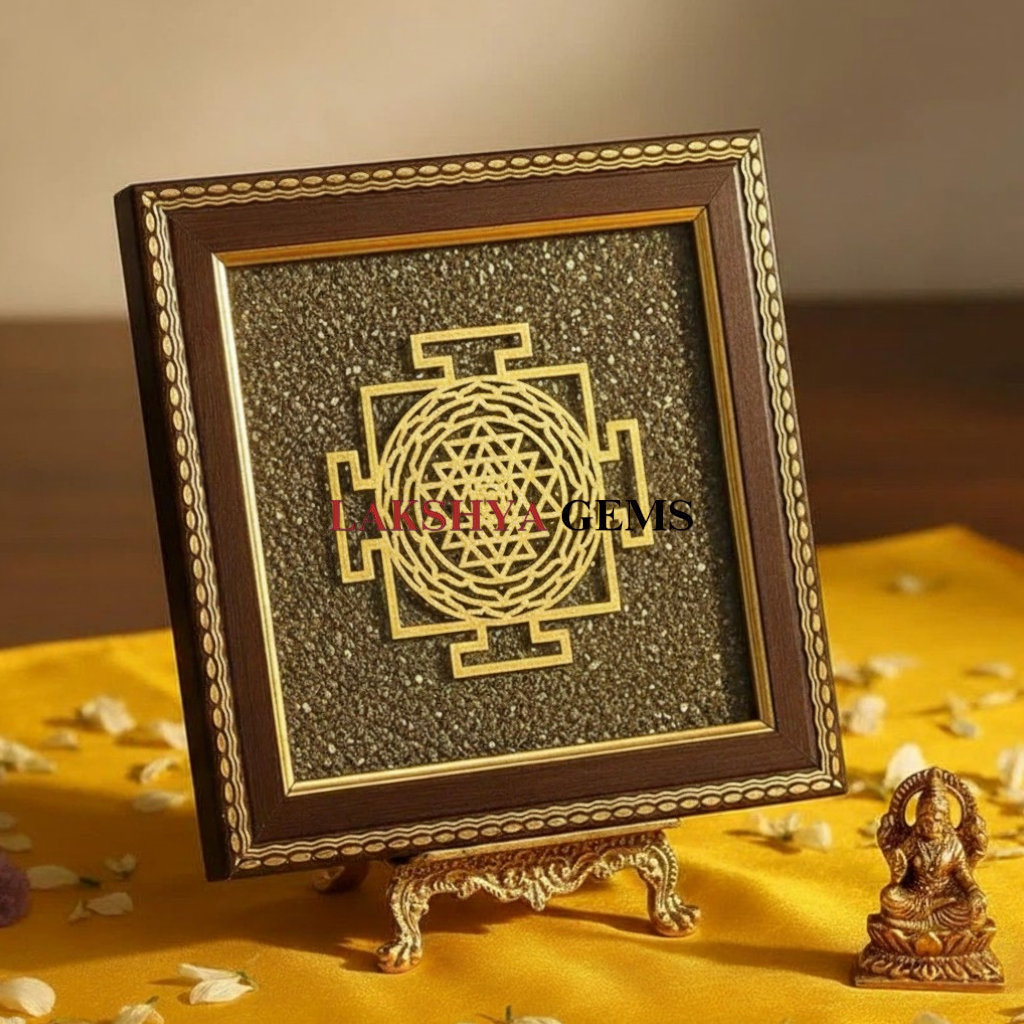 lakshya gems Sacred Pyrite Shree Yantra frame with shimmering golden crystal clusters for wealth and luck.
