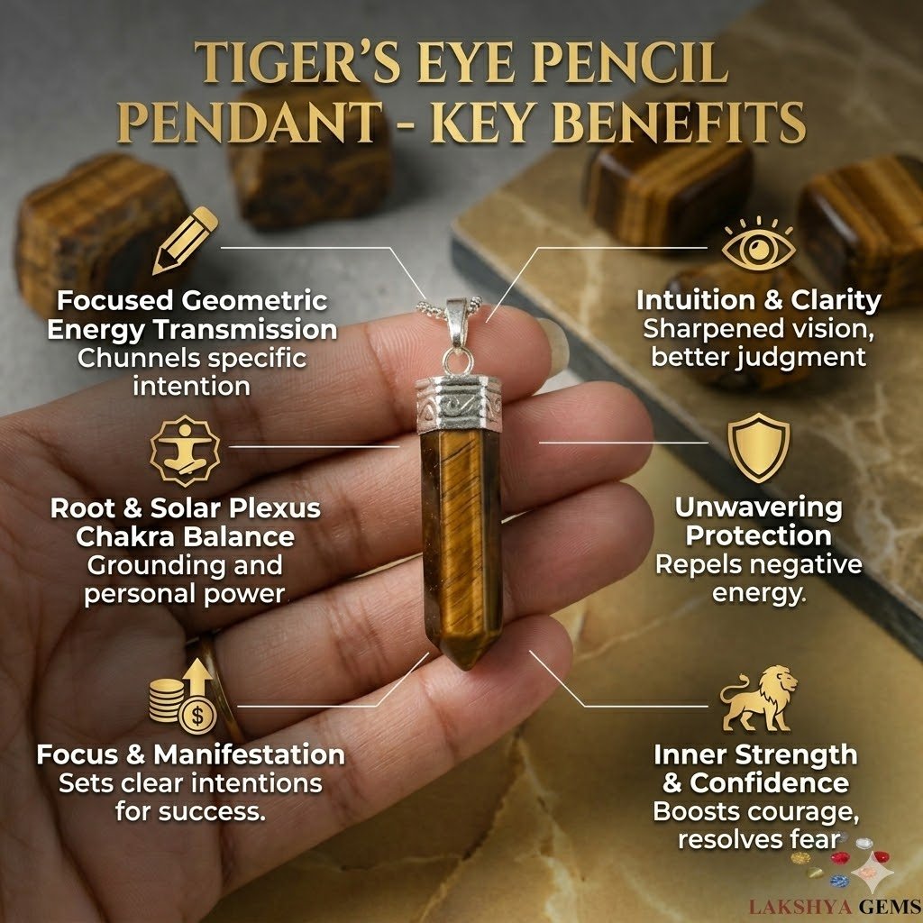 Natural Tiger’s Eye pencil pendant with golden chatoyant bands and silver-etched bail.