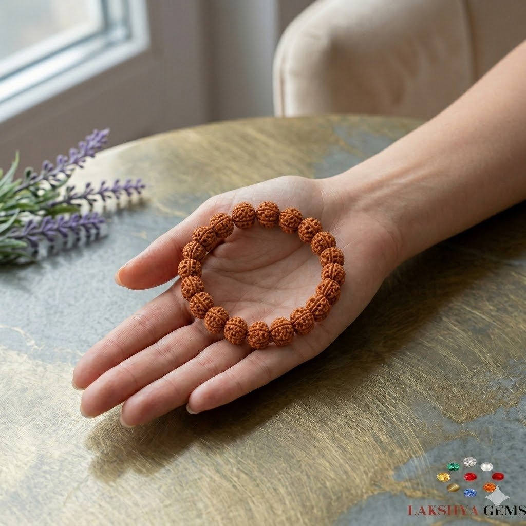 lakshya gems Authentic 5 Mukhi Rudraksha bracelet with natural brown indonesian beads on a durable stretch cord.