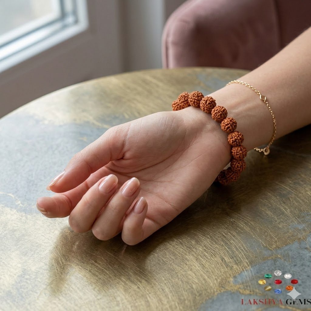 lakshya gems Authentic 5 Mukhi Rudraksha bracelet with natural brown Himalayan beads on a durable stretch cord.