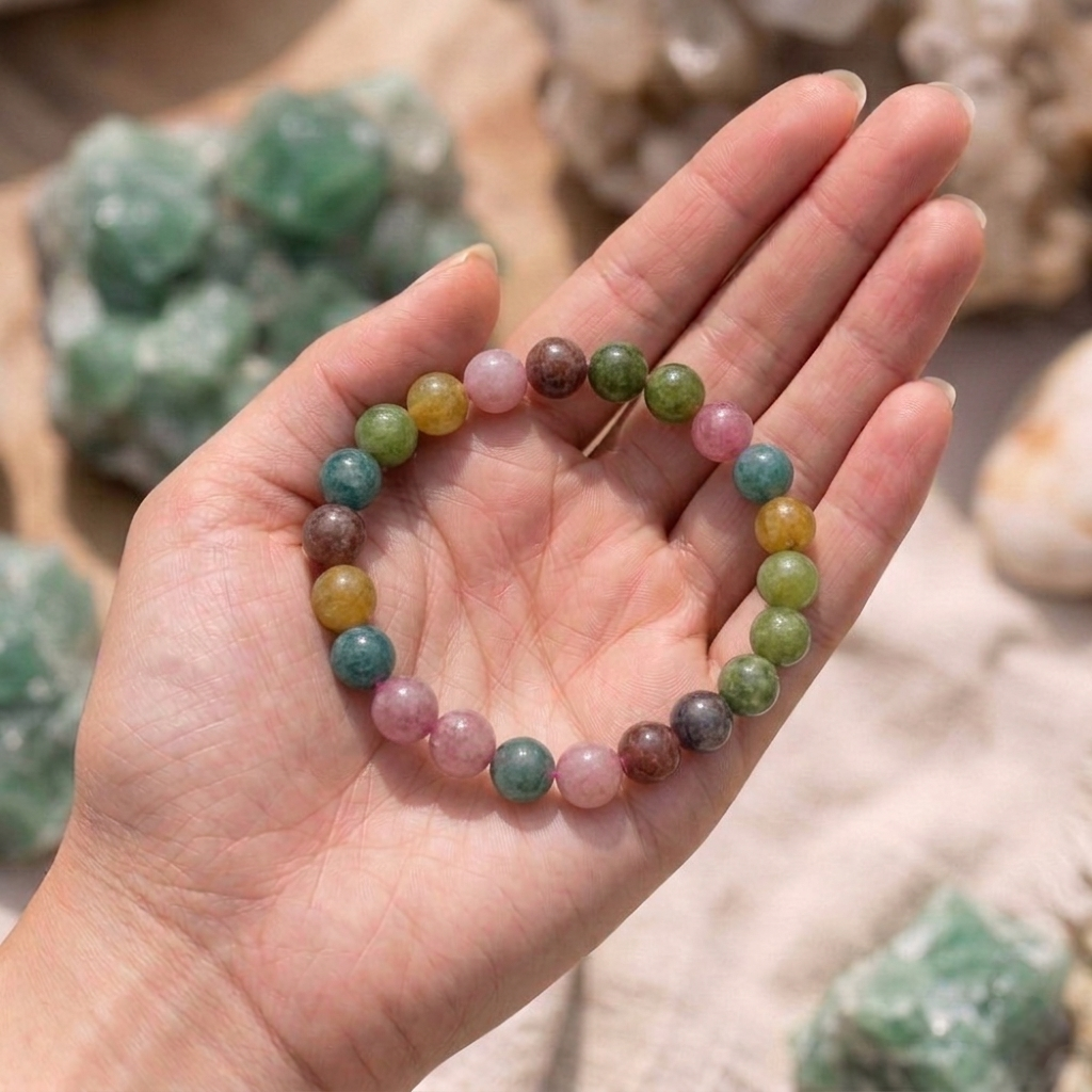 A natural Multi Tourmaline bracelet featuring a colorful mix of transparent pink, green, yellow, and black beads.
