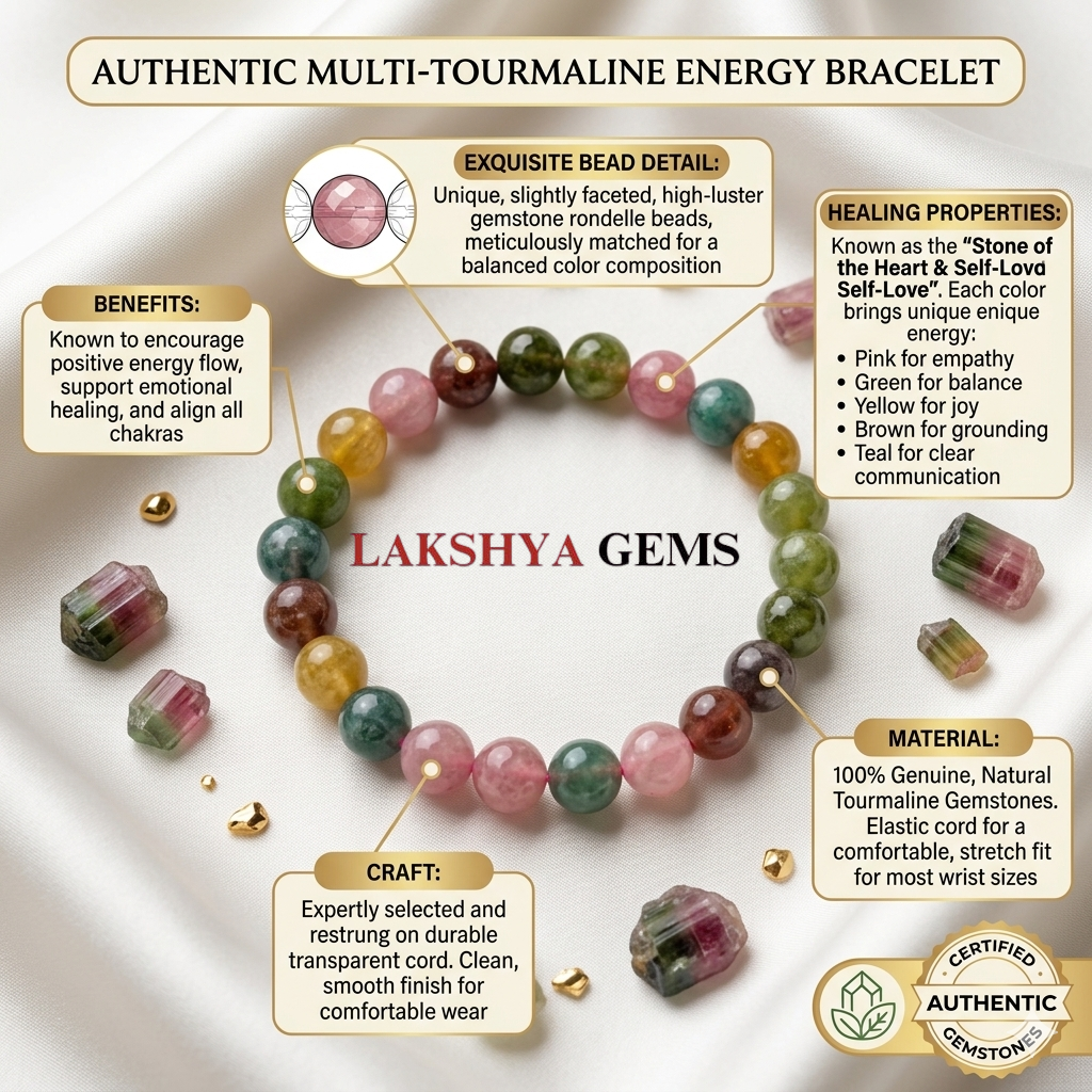 Multi tourmaline bracelet from Lakshya Gems Mumbai A natural Multi Tourmaline bracelet featuring a colorful mix of transparent pink, green, yellow, and black beads.
