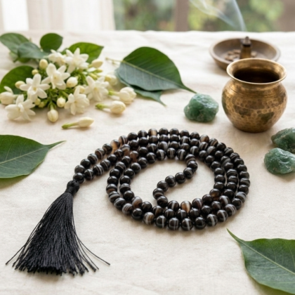 Authentic Sulaimani Agate Jaap Mala featuring 108 natural black and banded gemstone beads with a silk tassel from lakshya gems mumbai